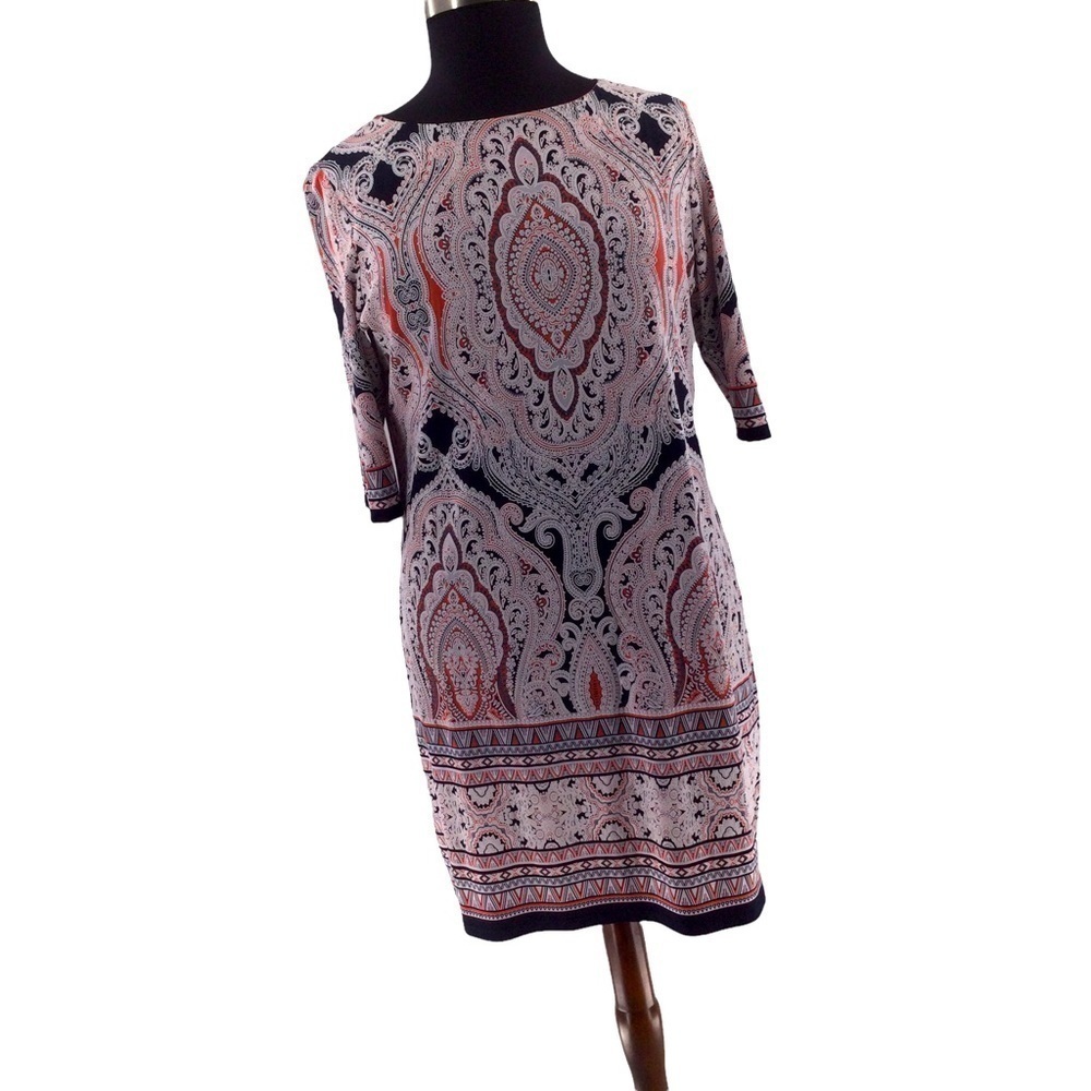 Isabel & Nina Black Burnt Orange‎ and White Paisley Textured Shift Dress